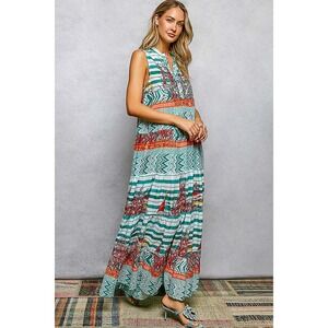 POL Cotton Sleeveless Nautical Sailboat Print Tiered Maxi Dress V-Neck green S